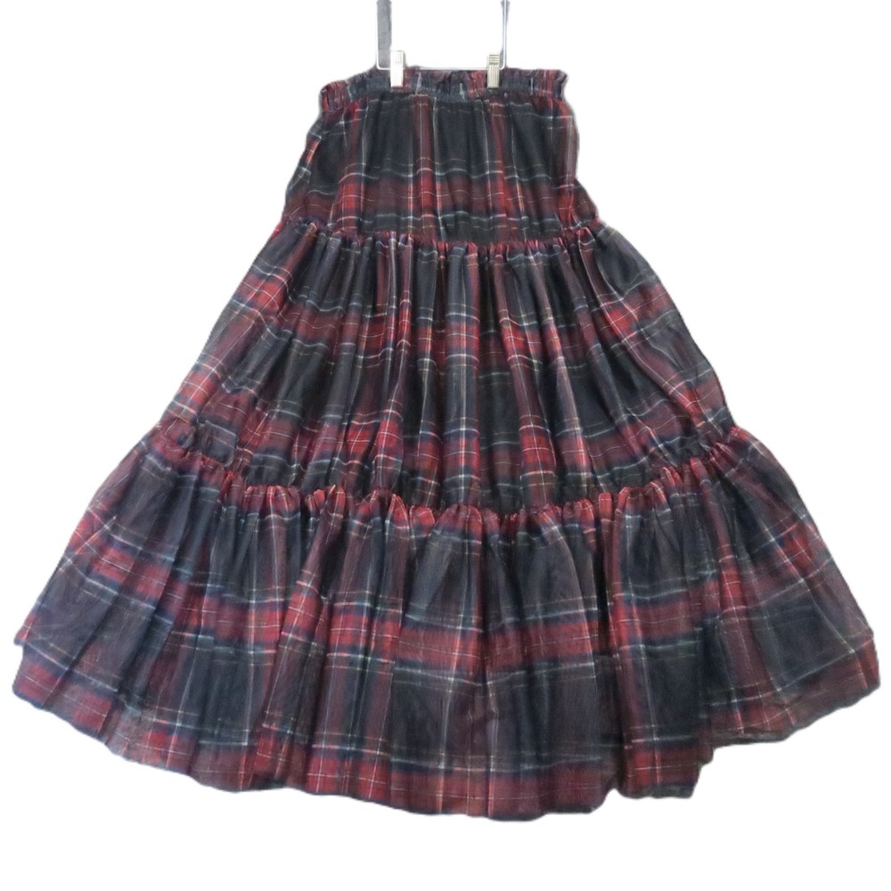 Cato Tiered Peasant Maxi Skirt Size M Red Plaid Tulle Overlay Goth Dark Academia
